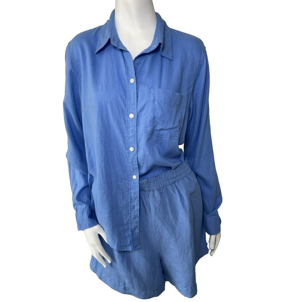 H&M Womens Matching Linen Blend Shirt & Short Set S/M Blue Summer Resort